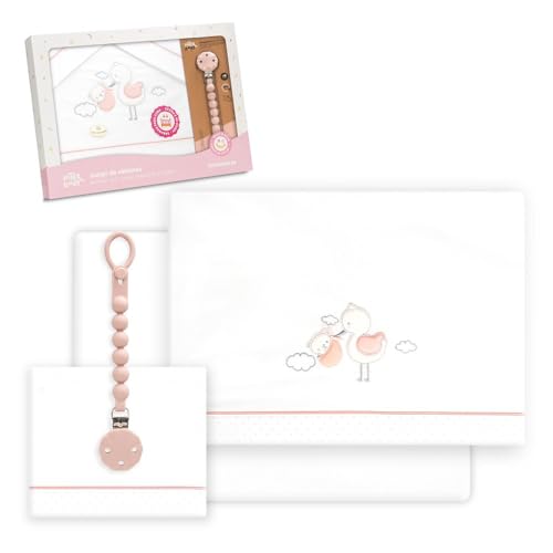 mibebestore Sabanas 100% Algod&oacute;n Cuna 60X120 Cig&uuml;e&ntilde;a Rosa - (Bajera+encimera+Funda Almohada)