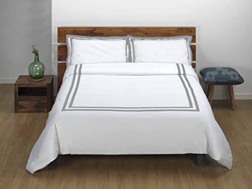 Sibiles - Juego Funda N&oacute;rdica Blanca Hotel con Cenefa Cinta Gris Percal 144 Hilos (Cama 180)
