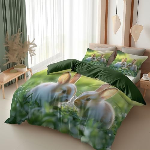 Funda n&oacute;rdica de 240 x 220 cm, conejo en la hierba, juego de cama, verde oscuro, funda de edred&oacute;n...