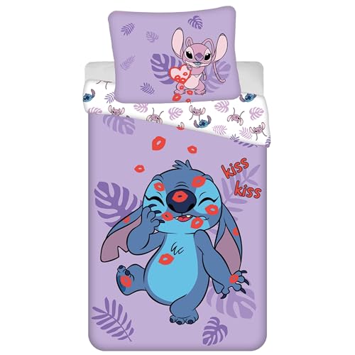 Disney Stitch Morado-Blanco Doble Cara, Ropa de Cama niños de algodón, Cremallera, 100% ALGODÓN...