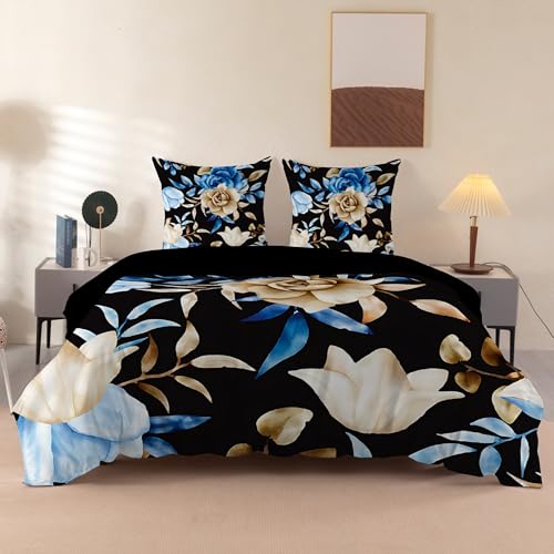 Funda n&oacute;rdica de 100 x 135 cm, dise&ntilde;o floral azul, con 1 funda de almohada de 65 x 65 cm, juego de...