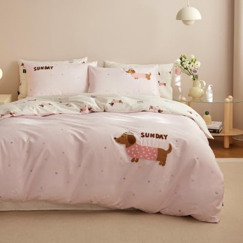 Lanqinglv Ropa de cama de 135 x 200 cm, dise&ntilde;o de perro salchicha rosa con corazones bordados, ropa...