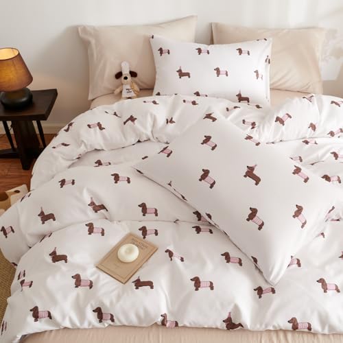 Tospass - Funda n&oacute;rdica de 140 x 200 cm, color blanco, rosa, marr&oacute;n, perro, Dachshund para cama...