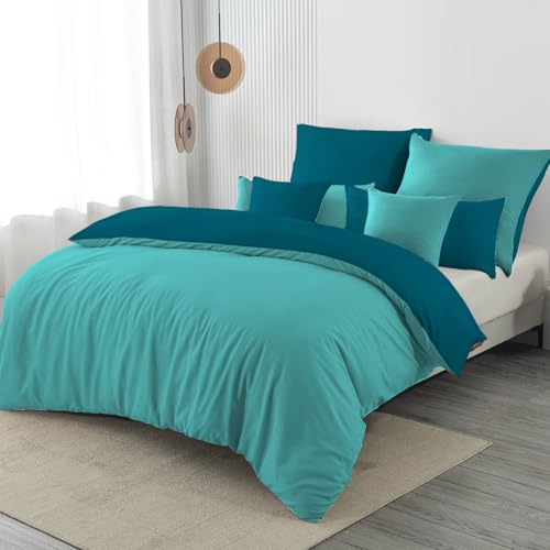 Nesture Juego de ropa de cama de 200 x 220 cm, 3 piezas, color turquesa/petr&oacute;leo, reversible,...