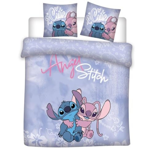 Juego de cama doble Angel & Stitch para 2 personas, funda nórdica reversible de 240 x 220 cm y 2...