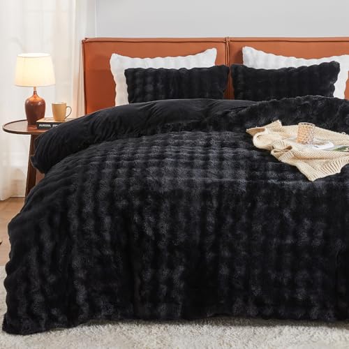 EMME Set de S&aacute;bana de Felpa 220x240 cm Negro - Juego de Cama Invierno Imitaci&oacute;n Piel de Conejo,...