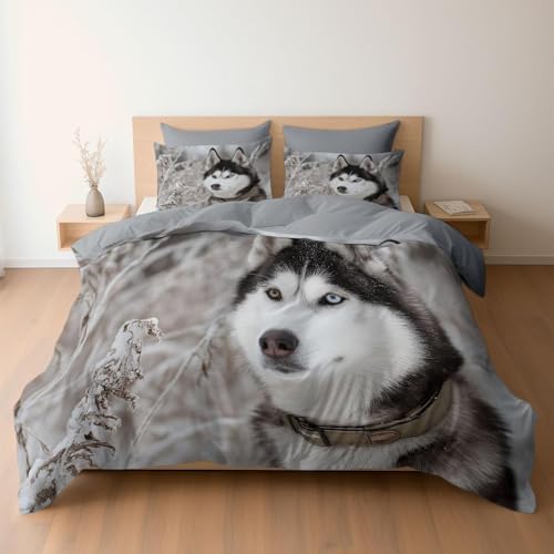 Funda Nordica de 3 Piezas para Cama 90 Husky Funda Edredon 135x200 cm Perro Mascota Ropa de Cama de...