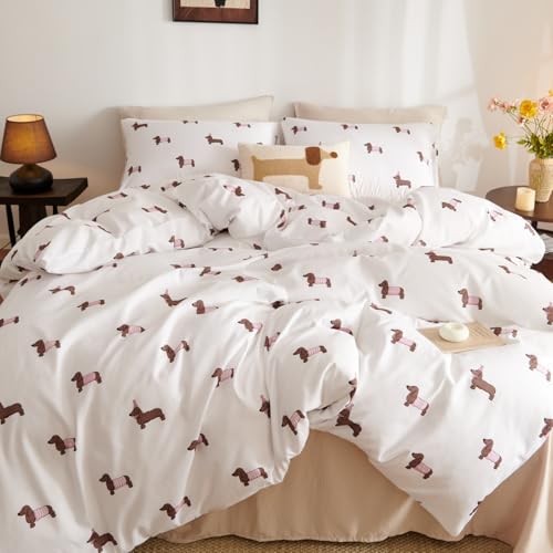 Tospass Juego de ropa de cama reversible de 135 x 200 cm, dise&ntilde;o de perro salchicha, color blanco,...