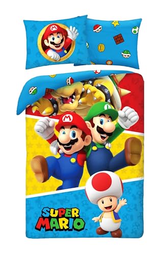 Juego de cama Super Mario con Luigi Toad Bowser &ndash; Funda n&oacute;rdica de 140 x 200 cm con funda de...