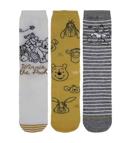 Disney Winnie the Pooh - Calcetines para mujer, 3 pares, caja de regalo, color blanco, amarillo y...