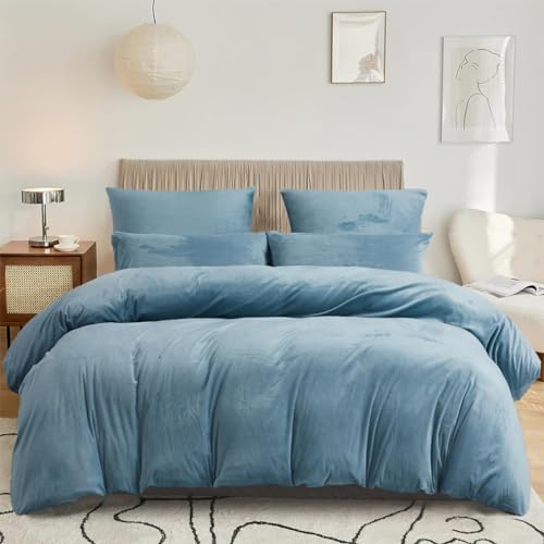 DXHOME Juego de ropa de cama de felpa de 220 x 240 cm, color azul claro y azul, para invierno,...