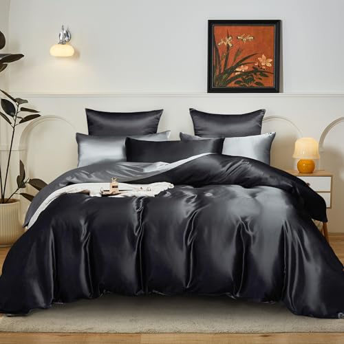 YASMENG Ropa de cama de sat&eacute;n de 220 x 240 cm, color negro y gris oscuro, reversible, funda...