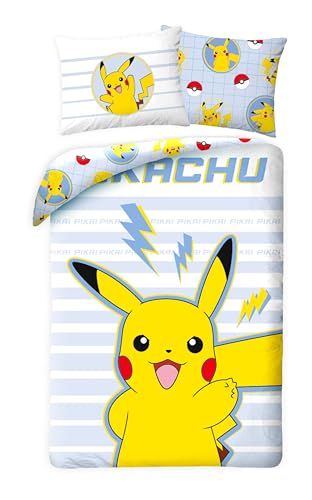 Halantex Juego de cama Pikachu 100% algodón, funda nórdica Pokemon reversible de 140 x 200 cm +...