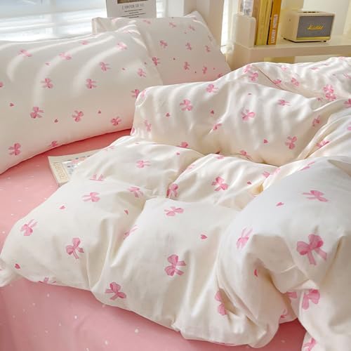 Covebett Ropa de cama 135x200 de algod&oacute;n blanco con lazos rosas y corazones, juego de ropa de cama...