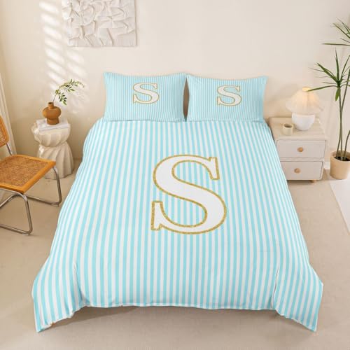 Homewish Juego de funda de edred&oacute;n para adultos, dise&ntilde;o moderno de rayas cian claras, con letra S...