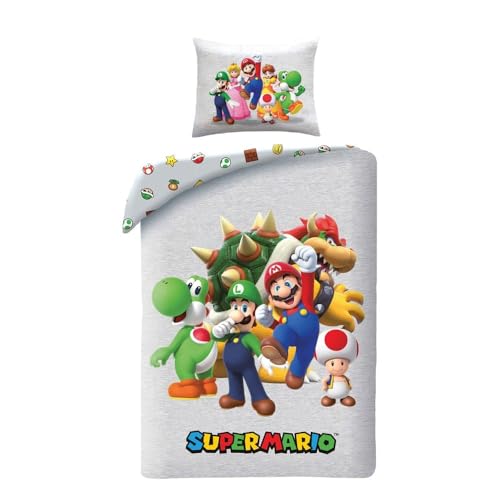 Halantex Juego de cama Super Mario reversible, funda n&oacute;rdica de 140 x 200 cm y funda de almohada de...