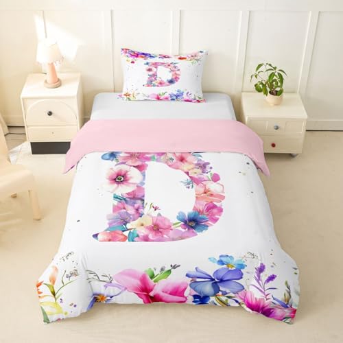 Homewish Juego de funda de edred&oacute;n con dise&ntilde;o de letra D y letra D del alfabeto, dise&ntilde;o floral de...