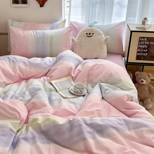 AShanlan Ropa de cama de 140 x 200 cm, dise&ntilde;o de arco&iacute;ris, color rosa, para ni&ntilde;as y ni&ntilde;os,...