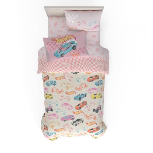 Hot Wheels - Juego de edred&oacute;n y s&aacute;banas s&uacute;per Suaves con Funda, 5 Piezas, tama&ntilde;o Individual...