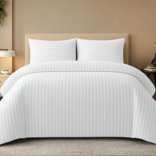 Pamposh Juego de ropa de cama, sat&eacute;n, a rayas, calidad hotelera, funda n&oacute;rdica, hipoalerg&eacute;nica,...
