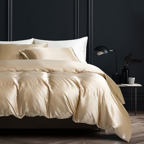 YASMENG Funda de edred&oacute;n de sat&eacute;n 200x200 Beige Oro Liso Brillante Deluxe Juego de ropa de cama de...