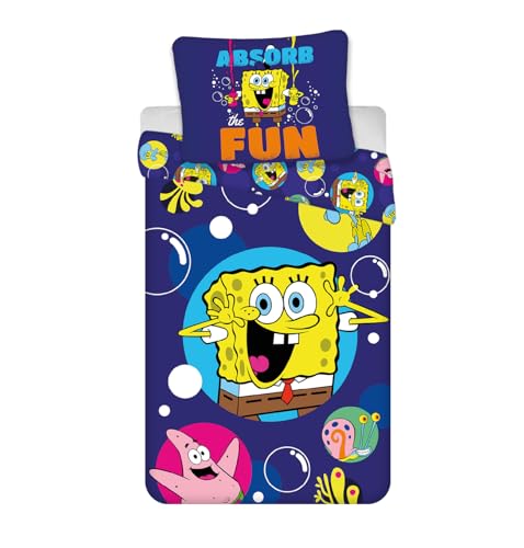 BrandMac Juego de cama Absorb The Fun de Bob Esponja, 100% algod&oacute;n, funda n&oacute;rdica de 135 x 200 cm...