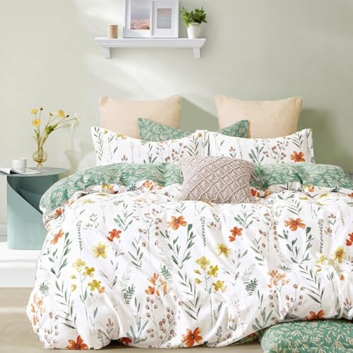 Lanqinglv Ropa de cama de 155 x 220 cm, dise&ntilde;o de flores, color verde y blanco, con estampado de...