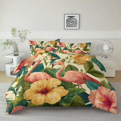Juego de Funda 150 x 220 cm Plantas Tropicales Flamencos Funda N&oacute;rdica Cama, Ultra Suave Universal...