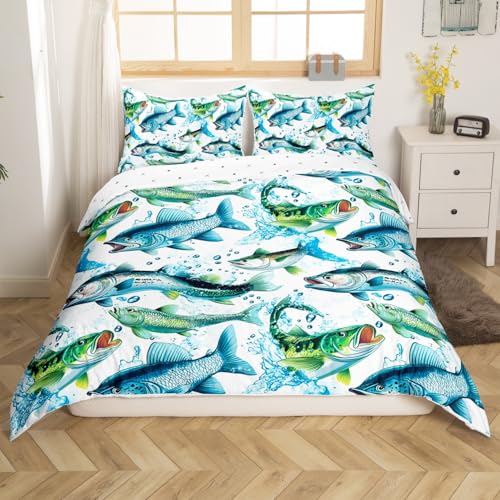 Loussiesd Juego de funda de edred&oacute;n de peces r&uacute;sticos, tama&ntilde;o individual, juego de ropa de cama...