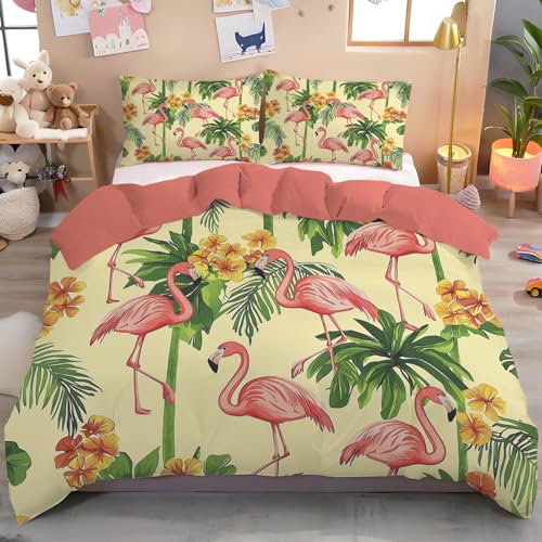 Juego Funda N&oacute;rdica Cama 135/150 3 Piezas Paisaje Tropical - Funda Edredon Palmera Flamenco, Suave...