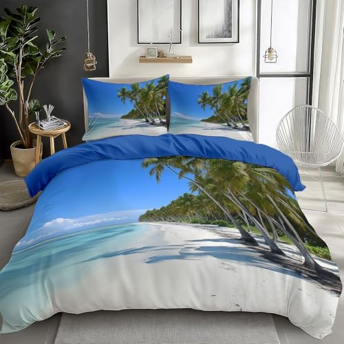 Juego de Funda N&oacute;rdica Reversible de Microfibra para Cama 80/90 con Estampado de Palmeras De Playa...