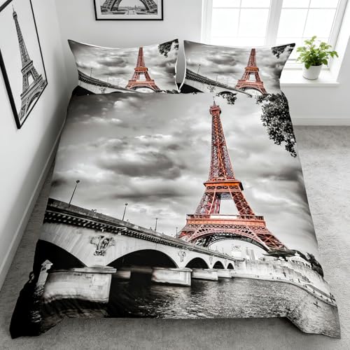 Torre Eiffel Impreso Funda N&oacute;rdica Retro Paris Tema Juego de Cama 220 x 240 cm para Ni&ntilde;os Hombres...