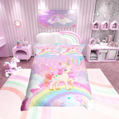 Loussiesd Juego de cama para ni&ntilde;as, dise&ntilde;o kawaii de unicornio y arco&iacute;ris, funda n&oacute;rdica de...
