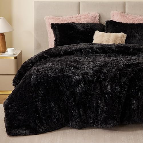 Sacebeleu Ropa de cama de felpa de invierno de 220 x 240 cm, color negro, pelo largo, mullida,...