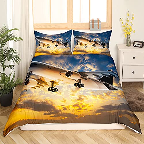 Juego de ropa de cama con dise&ntilde;o de aviones para ni&ntilde;os, ni&ntilde;os y ni&ntilde;as, funda de edred&oacute;n con...