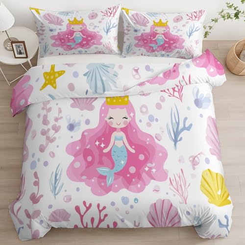 Dibujos Animados Sirena Coral Juego De Funda Nordica, Cama 80/90-135 X 200 Cm, Blanco Funda Edredon...