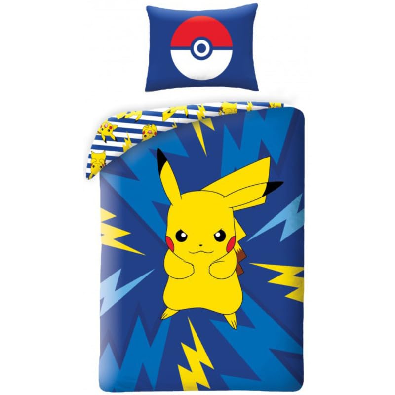 Juego de cama Pokemon Pikachu, 100% algodón, funda nórdica reversible de 140 x 200 cm + funda de...