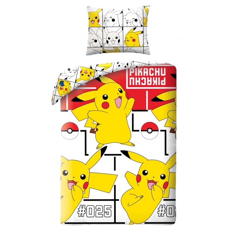 Juego de cama Pikachu 100% algodón, funda nórdica reversible Pokemon 140 x 200 cm + funda de...