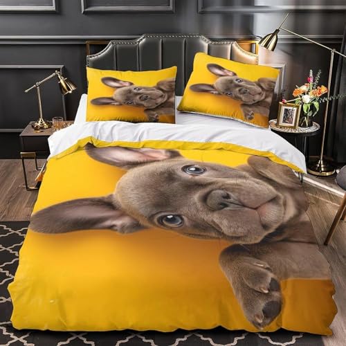 Funda Nordica Cama 90 Bulldog Franc&eacute;s Funda de Edred&oacute;n 135x200 cm 3D Amarillo Ropa de Cama 2...
