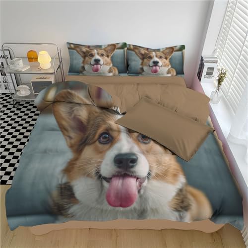 Juego de Ropa de Cama de 3 Piezas,Retrato de Animal de Dibujos Animados de Corgi Lindo Husky Salvaje...