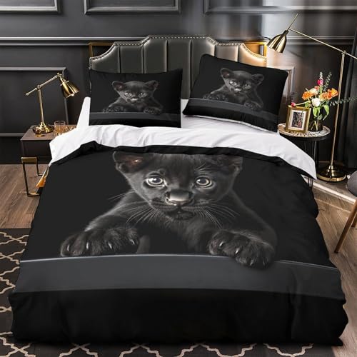 KMYZPKWJL Cachorro de Pantera Negra 3D Impresi&oacute;n Edred&oacute;n Funda 3pz Microfibra antidesvanecimiento...