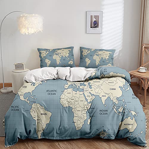 Funda Nordica 150x200 Mapa del Mundo Azul, Funda de Edred&oacute;n Cama 90 Infantil de Microfibra, Juego...
