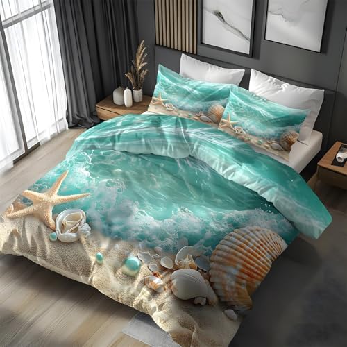 Funda Nordica Cama 105 Juvenil Olas del oc&eacute;ano y conchasRopa de Cama Azul Cian Microfibra Suave y...