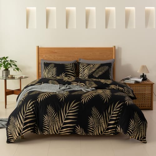 YASMENG Funda n&oacute;rdica 240x260 Hojas de Palma Tropicales Motivo Oro Negro Juego de Edred&oacute;n de...