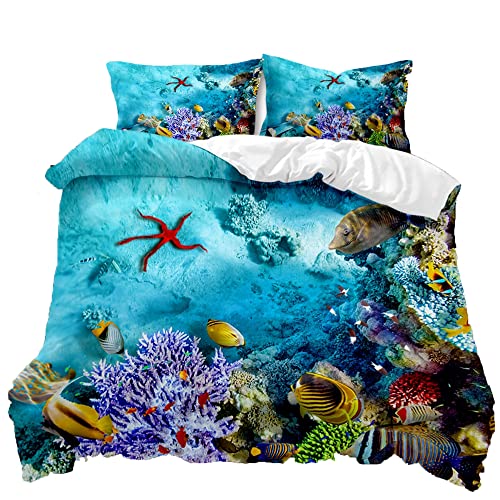 TULTOAP Ropa de cama con diseño de animales marinos, 135 x 200 cm, azul submarino, juego de ropa de...