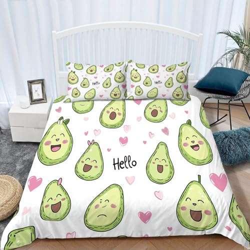 135 &times; 200 cm Juegos de Cama Lindo Aguacate, Verde Blanco Juego de Funda n&oacute;rdica Lindo Aguacate...