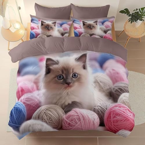 Funda Nordica Cama 90 Ovillos de Lana de Colores Estampado 3D Ropa de Cama 155 X 200 cm Gatos...