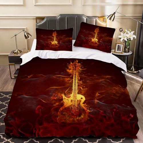 Funda Nordica Cama 80/90 Guitarra 3D Funda N&oacute;rdica Edredon 135x200 cm Guitarra El&eacute;ctrica en Llamas...