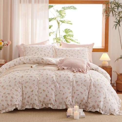 Lanqinglv Juego de ropa de cama reversible con volantes, 135 x 200 cm, dise&ntilde;o de flores rosas,...