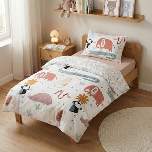 Kleinkinder-Bettw&auml;sche-Set, Tiere Wendemotiv, Baby Bettbezug 100 x 135 cm, Kopfkissenbezug 40 x 60...